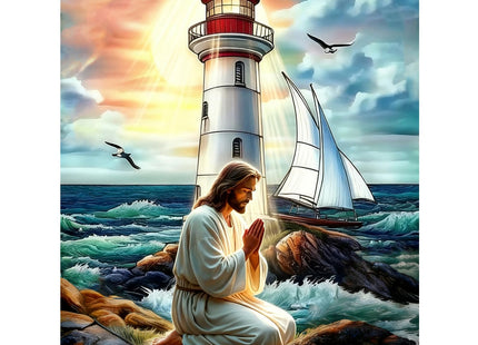 DIYDECORFUN Jesus Seashore Prayer Diamond Art Kits for Adults,5D Lighthouse Diamond Painting Kits for Beginners,DIY Round Full Drill Diamond Dots Paintings Picture Gem Art&Crafts Home Decor 12x14inch