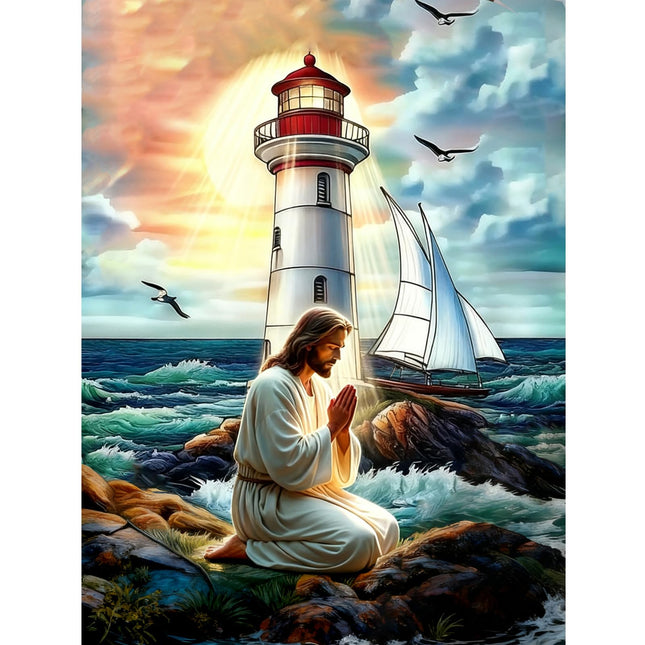 DIYDECORFUN Jesus Seashore Prayer Diamond Art Kits for Adults,5D Lighthouse Diamond Painting Kits for Beginners,DIY Round Full Drill Diamond Dots Paintings Picture Gem Art&Crafts Home Decor 12x14inch