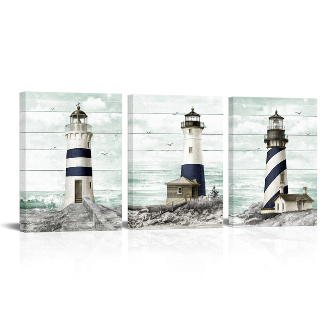 Visual Art Decor Nautical Lighthouse Bathroom Decor Beach Pictures Wall Art Framed Canvas Prints Beach Bathroom Decor 3 Piece (12x16inchx3 Pieces)