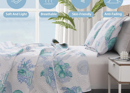 Hailea Ocean Quilt Full/Queen Size Coastal Bedding Lightweight Summer Beach Theme Bedspread Nautical Coverlet Blue Seashell Conch Bed Sheet with 2 Pillowshams (Green,Full/Queen)