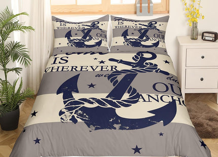 Manfei Anchor Duvet Cover Set Twin Size Nautical Bedding Set 2pcs for Kids Boys Teens Ship Anchor Chain with Lines Comforter Cover Sea Sailing Theme Quilt Cover with 1 Pillowcase (No Comforter)