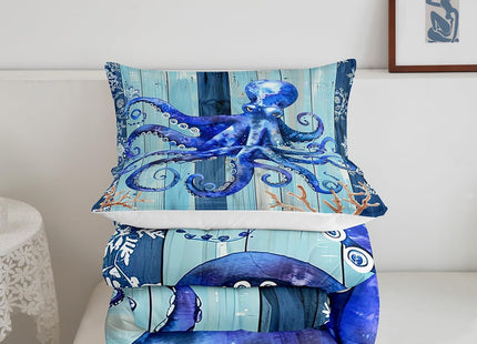 Erosebridal Blue Ocean Bedding Set Octopus Tentacles Comforter Set for Kids Child Wooden Plank Mandala Boho Floral Duvet Insert Under Sea Coral Reptile Duvet Filler Nautical Sea Animal Room Decor