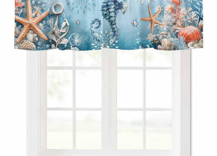 RisQiten Blue Coastal Seahorse Valances for Windows, Summer Beach Kitchen Curtains Window Treatment, Nautical Starfish Botanical Rod Pocket Short Window Valances for Living Room/Bedroom, 42" x 12"