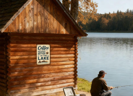Coffee Tastes Better At The Lake Metal Sign - Lake House Decor for The Home Coffee Decorations Lake Life Gifts Lakehouse Wall Art Cabin Decor Signs 8×12 Inch