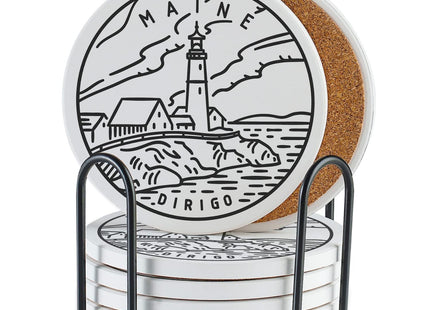 Onebttl Maine Gifts for Women Men - Homesick Moving Away Coasters Set of 6 - Lighthouse Ceramic Drink Coaster with Holder