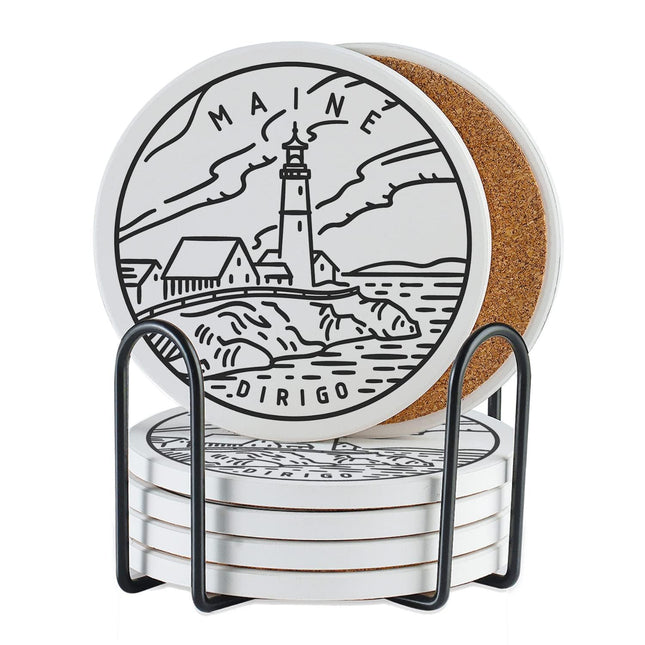 Onebttl Maine Gifts for Women Men - Homesick Moving Away Coasters Set of 6 - Lighthouse Ceramic Drink Coaster with Holder