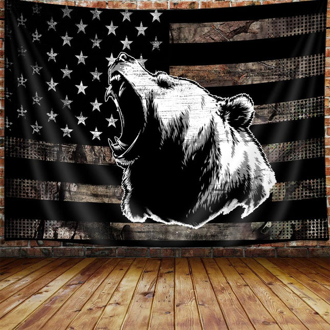 VEIGIKE Country American Flag Bear Tapestry, Rustic Hunting Camo Bass Bear Black and White Tapestry Wall Hanging for Men Bedroom, Cabin Tapestries Poster Blanket College Dorm Home Decor 40X30inches