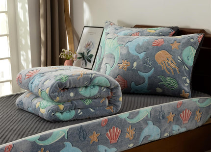Aimuan Glow in The Dark Kids Zippered Comforter Set - Dolphins Animals Fish Octopus Whale Sea Turtle Print Fleece Zipper Bedding for Boys (Twin,Grey-Blue)