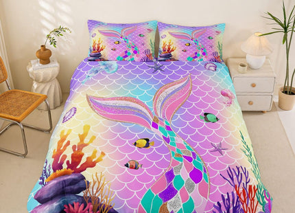 Erosebridal Mermaid Toddler Bedding Set - Mermaid Tail Comforter, Nautical Sea Animal Duvet Cover, Ocean Starfish Quilt Cover, Pastel Pink Purple Cute Room Decor for Girls, Queen Size