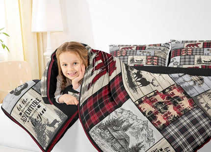 Rustic Cabin Comforter Set Queen Woodland Wolf Deer Bear Comforter For Kids Adults,Red Black Buffalo Plaid Bedding Set Wildlife Camping Lodge Mountain Quilt Bedding Southwestern Farmhouse Decor