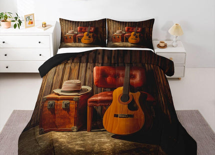Erosebridal Acoustic Guitar Comforter King Vintage Instrument Bedding Set, Rustic Farmhouse Down Comforter Western Cowboys Hat Bed Set, Wooden Lodge Cabin Quilted Duvet Microfiber