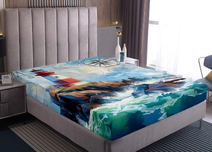Ocean Wave Fitted Sheet Twin Size,Retro Lighthouse Compass Sailboat Nautical Bedding Set Kids Girls Boys Bedroom Decor,World Map Marine Bed Sheets,Mountain Rustic Nature Landscape Bed Cover