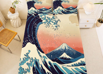 Erosebridal Wave Fitted Sheet Full Size, Japanese Ukiyo-e Ocean Waves Design Blue & Cream Bedding Set with Pillowcases, Hand-Drawn Nautical Theme Decorative Luxury Bed Sheets (3-Piece)