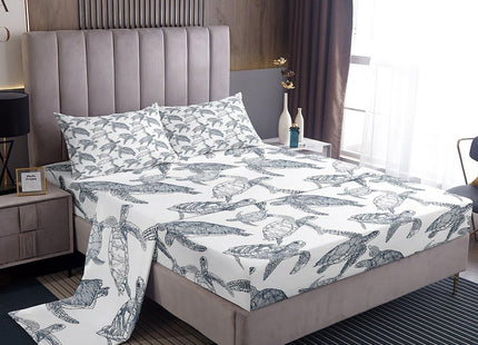 Erosebridal Tortoise Bed Sheets Twin, Sea Turtle Sheet Set 3 Pcs Boho Chic Reptile Flat/Top Sheets + Ocean Life Fitted Sheet Deep Pocket+ Coastal Nature Theme Decor 1 Pillow Sham, Gray White