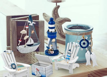 OTYMIOW 7PCS Mini Wooden Nautical Home Decor, Mediterranean Style, Wooden Mini Lighthouse, Anchor, Fish Hanging, Box, Chair, Sailboat Model for Decorating Room, Aquarium, Christmas Tree, Fish Tank