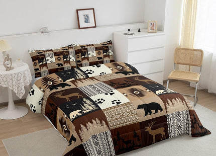 Feelyou Bear Comforter Set for Boys Deer Comforter Rustic Bear Bedding Set Toddler Size Deer Hunting Southwestern Plaid Grid Brown Duvet Set 2Pcs