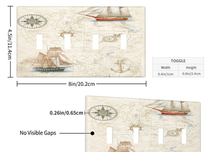 Nautical Map Sailing Sailboats Quad Toggle Light Switch Cover Decorative 4 Gang Wall Plate Electrical Faceplate For Kitchen Bathroom Bedroom Decor