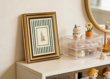 Vintage Gold Framed Wall Art Green Striped Pine Tree Botanical Canvas Print