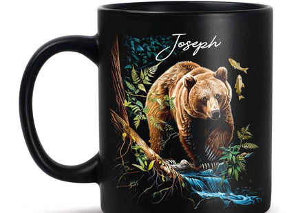 Cute Bear In Forest Design Mug, Customized Name Animal Lover Cup, Novelty Bear Design Black Mug, Personalized Bear Themed Coffee Cup, Gift For Son Daughter, Custom Animal Mug 11oz 15oz