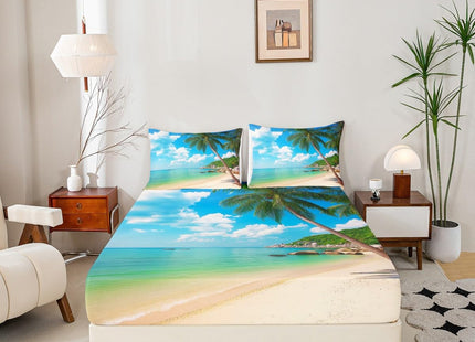 Erosebridal Ocean Beach Fitted Sheet Twin Size Palm Trees Bed Sheet Set Coastal Nature Theme Bed Cover for Kids Boys Girls Teens, Hawaiian Bedding Set, Blue White Room Dorm Decorative