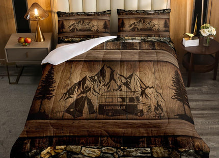 Erosebridal Rustic Farmhouse Bedding Sets Happy Camping Comforter Set for Camper Twin,Country Cabin Lodge Camper Bedding Comforter Sets Rv Accessories for Travel Trailers Quilt Set Brown Black