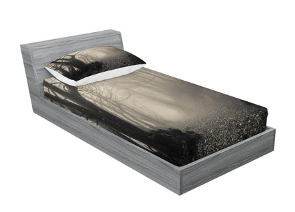Lunarable Gothic Fitted Sheet & Pillow Sham Set, Pathway on The Gothic Forest Trees Trough Foggy Mysterious Nature Monochrome Artwork, Decorative Printed 2 Piece Bedding Decor Set, Twin, Beige Cream