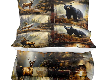 LUVIVIHOME 3PCS Black Bear Deer Comforter Set Queen Size, Elk Moose Mallard Duck Woodland Forest Animal Wildlife Hunting Camo Hunter Country Lodge Rustic Farmhouse Cabin Bedding Sets, 2 Pillow Shams