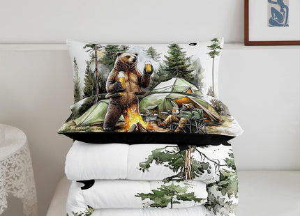 Erosebridal Happy Camping Queen Comforter Set,RV Camper Bedding Sets for Travel Trailer Bunk,Forest Bear Quilt Bed Set for Kids Adults,Rustic Farmhouse Bedroom Decor,2 Pillowcases All Season