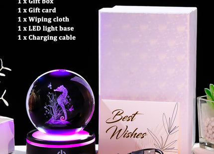 YWHL 3D Seahorse Crystal Ball Figurine with LED Base, Seahorse Gifts for Women Men on Christmas Birthday, Glass Sea Horse Decor Globe Night Light for Home Office (80mm)