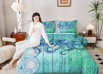 Erosebridal Octopus Print Comforter Twin Ocean Themed Bedding Set Boho Mandala Duvet Set Blue Coral Quilt Set 2pcs Sea Wildlife Down Alternative Comforter with 1 Pillowcase Blue Bedroom Comforter Set
