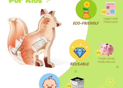 Uniwooder Wooden Fox Piggy Bank for Kids, Fox Money Bank for Boys Girls