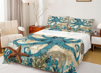 Octopus Bedding Ocean Bed Sheet Set Teal Mystic Kraken Mediterranean Style Design Teal Animal Bedding Sets Octopus Kids Sheet Set for Twin Size Skull Fitted Sheet and Flat Sheet,Marine 1 Pillowcase