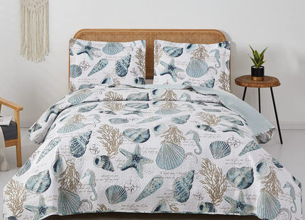 Oliven 3 Pcs Beach Shell Bedspread Queen/Full Size Ocean Theme Seashell Conch Summer Quilt