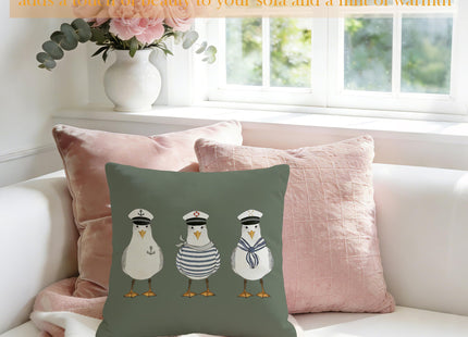 JLLBF Olive Green Nautical Throw Pillows Cover 18x18 Double-Sided, Coastal Blue Pillow Covers, Funny Seagull Decor for Home Bedroom Couch Bed, Summer Bathroom Decor