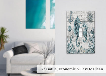 Seahorse Kelp Compass Anchor on Wooden Board 1 Gang Light Switch Covers Decorative Single Toggle Wall Plate Switchcover Electrical Switchplate for Country Bathroom Bedroom Decor