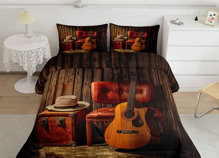 Erosebridal Acoustic Guitar Comforter King Vintage Instrument Bedding Set, Rustic Farmhouse Down Comforter Western Cowboys Hat Bed Set, Wooden Lodge Cabin Quilted Duvet Microfiber
