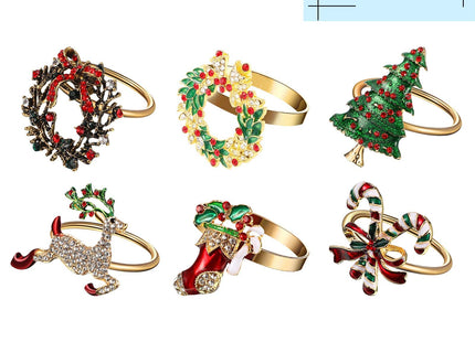Set of 6 Christmas Napkin Rings Napkin Holder Rings Wreath Santa Claus Candy Cane Reindeer Christmas Tree Design for Holiday Party Dinner Table Decoration