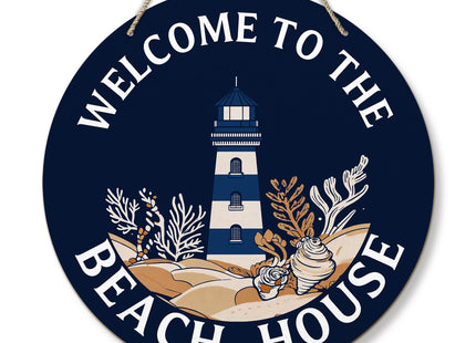 PHAMTE Coastal Beach House Round Wreath Sign, Navy Blue Nautical Lighthouse Wall Hanging Plaque Wood Sign, Welcome to the Beach House Decor Decorations for Wall Pediments Door Porch Room 12 Inch