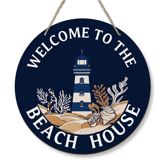 PHAMTE Coastal Beach House Round Wreath Sign, Navy Blue Nautical Lighthouse Wall Hanging Plaque Wood Sign, Welcome to the Beach House Decor Decorations for Wall Pediments Door Porch Room 12 Inch