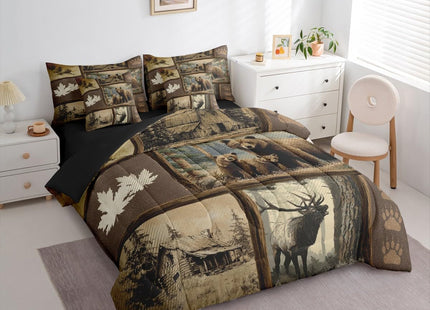 Erosebridal Grizzly Bear Deer Plaid 7 Piece Full Comforter Set, Rustic Farmhouse Cabin Bedding Sets for Kids Boys Men,Country Maple Leaf Bed in a Bag with Sheets,Hunting Wildlife Theme Bed Set