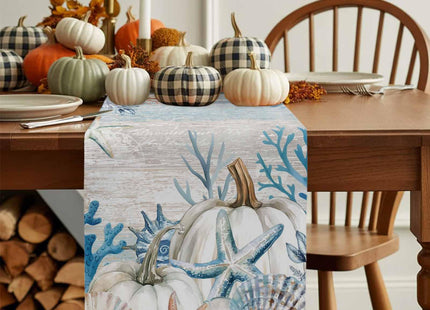 Boanket Blue Coastal Fall Table Runner - 36 Inch Long, Thanksgiving Pumpkins Kitchen Dining Table Runner Dresser Scarves, Starfish Coral Farmhouse Decor for Coffee Tables Wedding Party Banquet