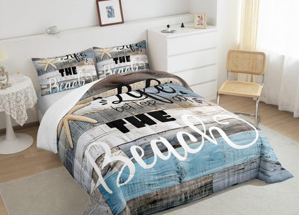Castle Fairy Rustic Farmhouse Comforter Set King Size Beach Life Bedding 3pcs for Room Decor Blue Grey Stripes Quilted Duvet Ocean Starfish Cabin Wood Insert,2 Pillowcases(CYJS9693ZMD-BZ_USk)