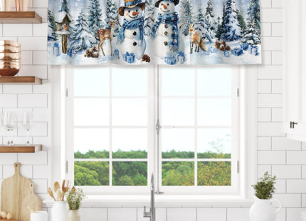 Evlaschin Blue Snowman Window Valance, Winter Trees Deer Fox Short Kitchen Valances Drapes, Xmas Snowflake Seasonal Rod Pocket Curtain Valance for Bathroom Dining Room, 54x18Inch, 1 Panel