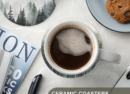 Whaline 6 Pcs Forest Coasters with Holder Misty Forest Ceramic Drink Coasters Absorbent Round Cup Mat Tabletop Protection for Home Kitchen Office Desk Coffee Table Decor