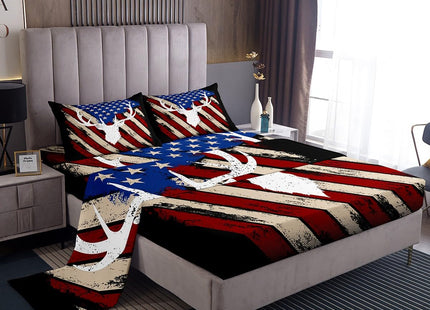 American Flag Retro Sheet Full Size,Deer Antlers Animal Bedding Set,Boys Adults Xmas/Bedroom Decor,Red Blue Stars Striped Rustic Hunting Farmhouse Bed Sheet Set 4pcs(Fitted + Flat + 2 Pillowcases)