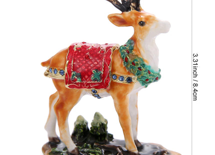 Hand Painted Christmas Trinket Box for Home Decor Accents, Enamel Hinged Jewelry Box for Bookshelf Office Table Desk Decor, Classical Figurine Collectible Keepsake Sculptures (Yellow Christmas Deer)
