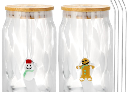 Potchen 2pcs Gingerbread Snowman Christmas Glass Cup 16.9 oz with Lid Straw