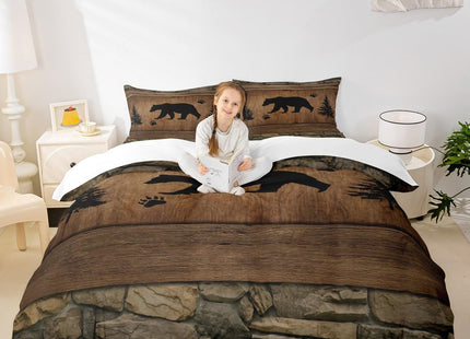 Manfei Rustic Bear Duvet Cover Set Full Size, Wildlife Hunting Theme Comforter Cover with 2 Pillowcases, Wild Animal Bedding Set 3pcs for Kids Boys Teens, Wooden Board Bedspread Cover, No Comforter