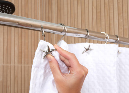 Hermosa Collection Starfish Shower Curtain Hooks – 12-Pack Decorative Chrome Bathroom Hooks for Bathroom Shower Curtains, Premium Chrome Craftsmanship, Easy Install, Coastal Beach Nautical Decor