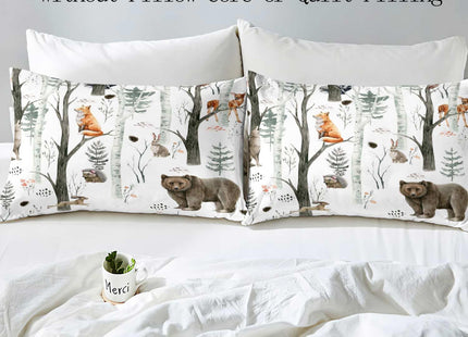VIVIHOME 2PCS Woodland Forest Animal Duvet Cover Twin Bedding Sets, White Duvet Cover, Toddler Baby Boys Girls Kids Bedding, Bear Deer Fox Wolf Rabbit Rustic Lodge Cabin Comforter Cover, 1 Pillowcase